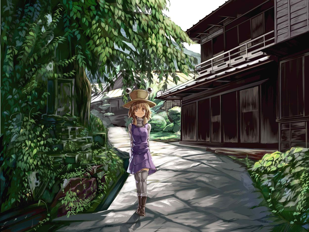 blonde_hair boots east_asian_architecture hair_ribbon hat house jpeg_artifacts moriya_suwako ribbon scenery short_hair smile solo sukocchi touhou tree village walking water yellow_eyes