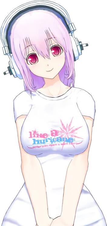 clothes_writing clothing_writing headphones large_breasts nitroplus pink_eyes pink_hair sonico soniko super_sonico t-shirt
