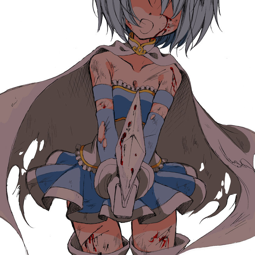 bare_shoulders blood blue_hair cape foreshortening head_out_of_frame injury magical_girl mahou_shoujo_madoka_magica miki_sayaka open_mouth seidou_(tukinomiyako) short_hair simple_background solo sword thighhighs torn_cape torn_clothes weapon