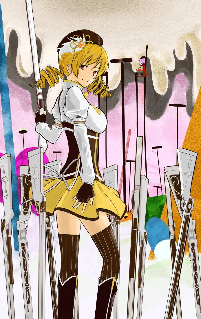 blood boots brown_legwear cape chair charlotte_(madoka_magica) corset detached_sleeves drill_hair fingerless_gloves gloves gun hair_ornament hairpin hat looking_back magical_girl magical_musket mahou_shoujo_madoka_magica nanao_udon orange_eyes pleated_skirt puffy_sleeves ribbon rifle skirt smile table taut_shirt thigh-highs thighhighs tomoe_mami twin_drills vertical-striped_legwear vertical_stripes weapon witch's_labyrinth zettai_ryouiki
