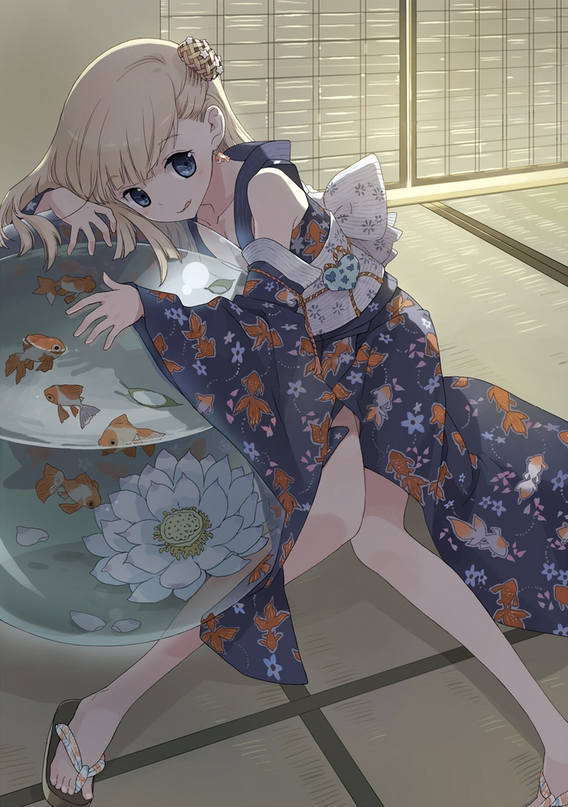 blonde_hair blue_eyes bubble butterfly detached_sleeves earrings face feet fish flower goldfish hair_ornament hairclip hands heart japanese_clothes jewelry kimono leaf legs licking_lips obi original sandals solo star tiv tongue yukata