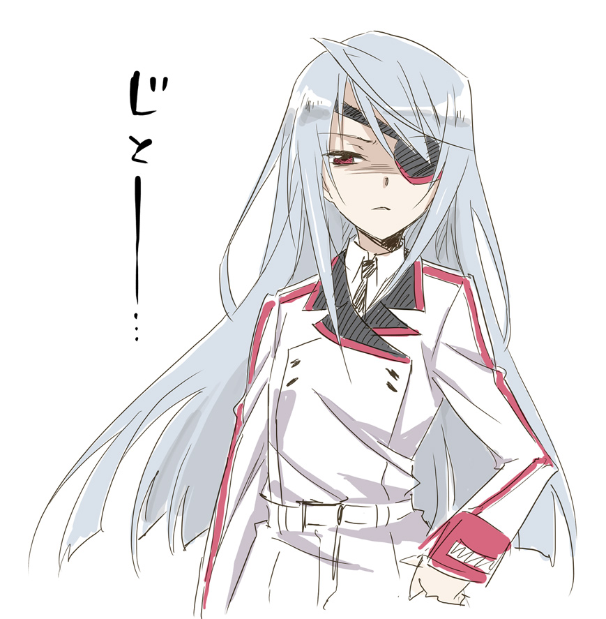 eyepatch infinite_stratos lapel laura_bodewig long_hair red_eyes silver_hair simple_background sketch solo