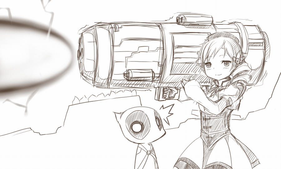 ajiameba alternate_weapon artist_request crossover deadpool drill_hair firing gun hat huge_weapon lineart magical_girl mahou_shoujo_madoka_magica marvel marvel_vs._capcom marvel_vs_capcom monochrome parody sketch tomoe_mami weapon