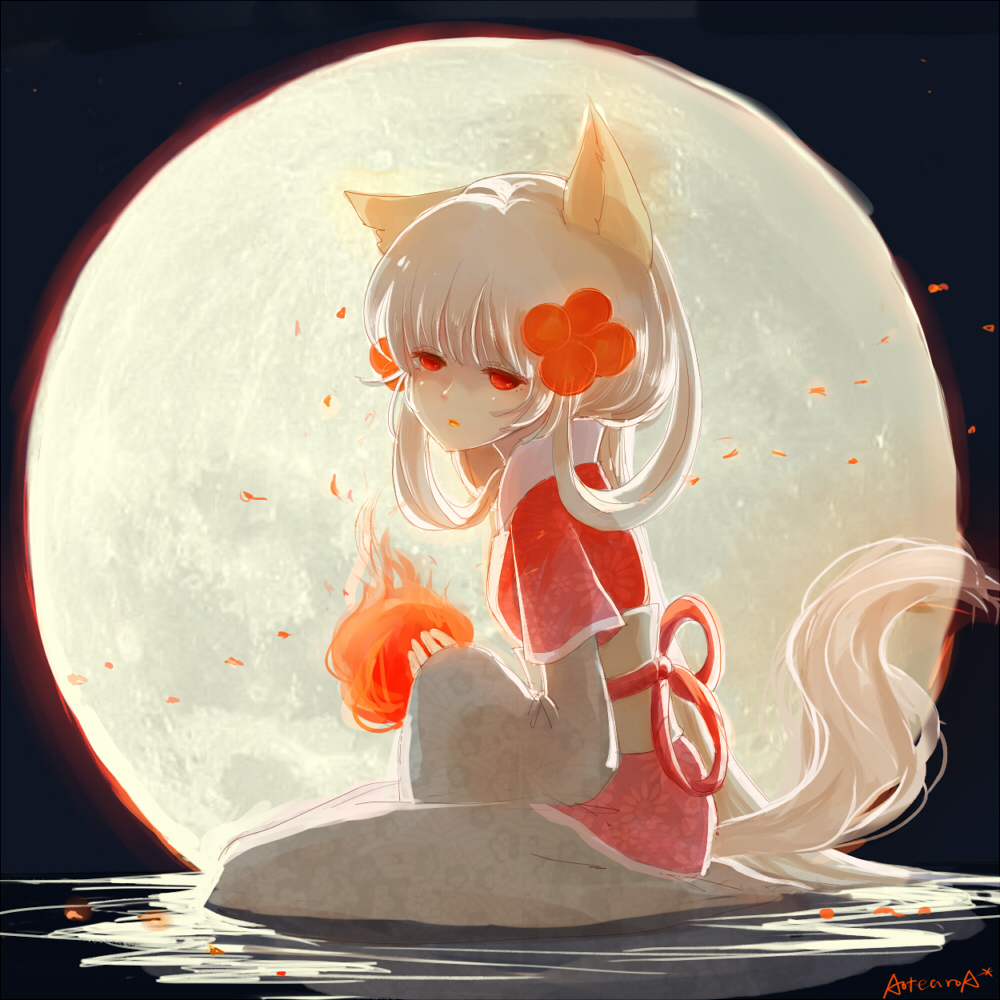 character_request copyright_request fire flower full_moon hair_flower hair_ornament japanese_clothes moon night obi red_eyes reflection signature solo t0rped0 tail white_hair