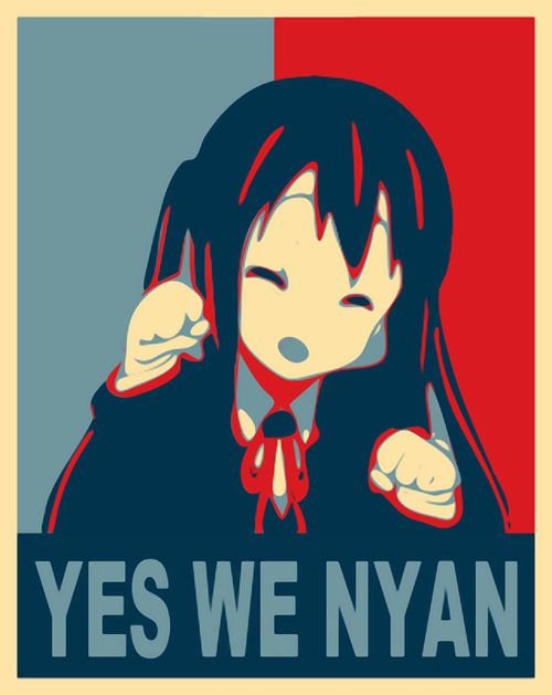 barack_obama blazer cat_pose closed_eyes eyes_closed hope_(campaign) k-on! long_hair nakano_azusa nyan parody paw_pose poster pun school_uniform smile twintails