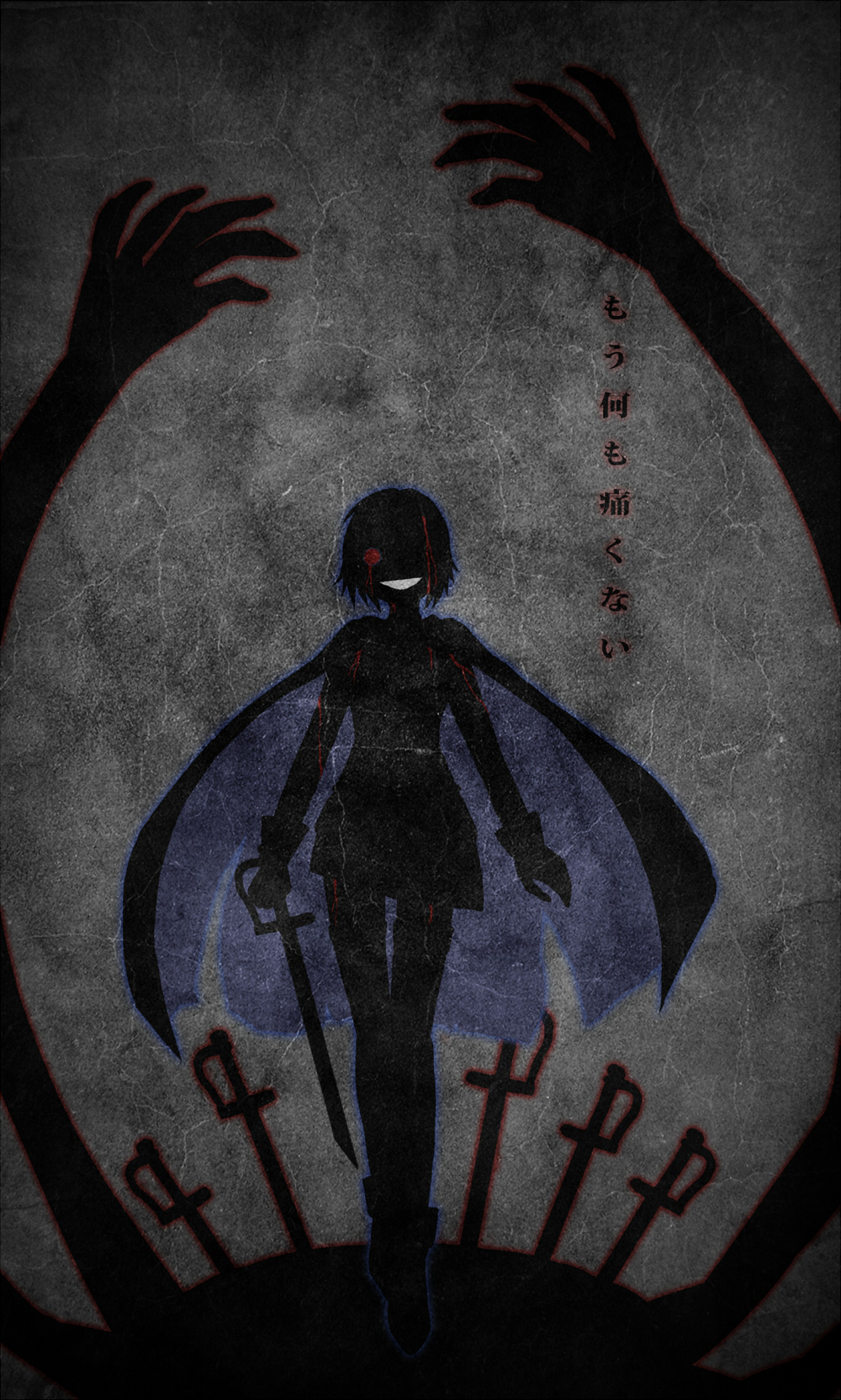 bad_id blood bloody_tears cape elsa_maria_(madoka_magica) evil_grin evil_smile gloves grin hair_over_one_eye hands highres mahou_shoujo_madoka_magica miki_sayaka qinqintod short_hair silhouette smile solo spoilers sword thigh-highs thighhighs translated weapon