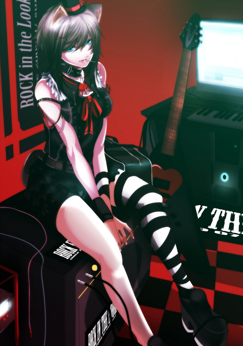animal_ears asymmetrical_clothes asymmetrical_clothing bag belt black_hair blue_eyes bow cable cat_ears chatou checkered collar computer guitar hair_ornament hairclip hat instrument keyboard_(instrument) monitor mouth_hold original platform_footwear platform_shoes platforms poster solo strap thigh-highs thighhighs top_hat wire