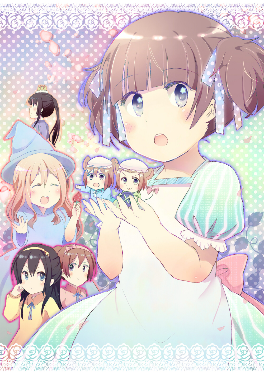 :o :t blue_eyes brown_hair chibi cinderella cosplay gown gum_(vivid_garden) highres hirasawa_ui hirasawa_yui k-on! kotobuki_tsumugi nakano_azusa polka_dot short_hair suzuki_jun tainaka_ritsu twintails