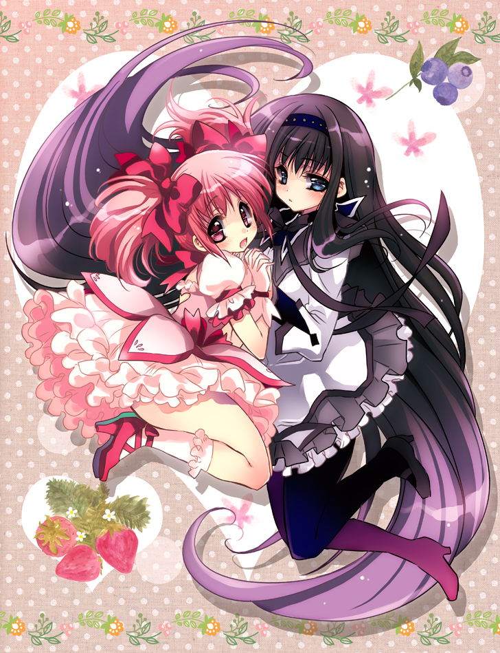 akemi_homura black_hair black_legwar black_legwear blue_eyes blueberry blush bow bows bubble_skirt choker food fruit gloves hairband hand_holding headband high_heels holding_hands kaname_madoka kneehighs long_hair magical_girl mahou_shoujo_madoka_magica mary_janes multiple_girls open_mouth pantyhose pink_eyes pink_hair puffy_sleeves purple_eyes ribbon shoes short_hair short_twintails strawberry takewakamaru twintails very_long_hair white_gloves white_legwear