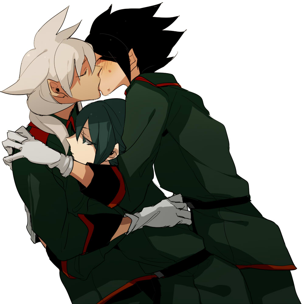 bad_id baddap_sleed blush closed_eyes dark_skin eska_bamel eyes_closed facial_mark gloves green_eyes green_hair hiroaki_(angie) hug inazuma_eleven inazuma_eleven_(series) kiss male military military_uniform mistorene_callus multiple_boys uniform white_hair yaoi