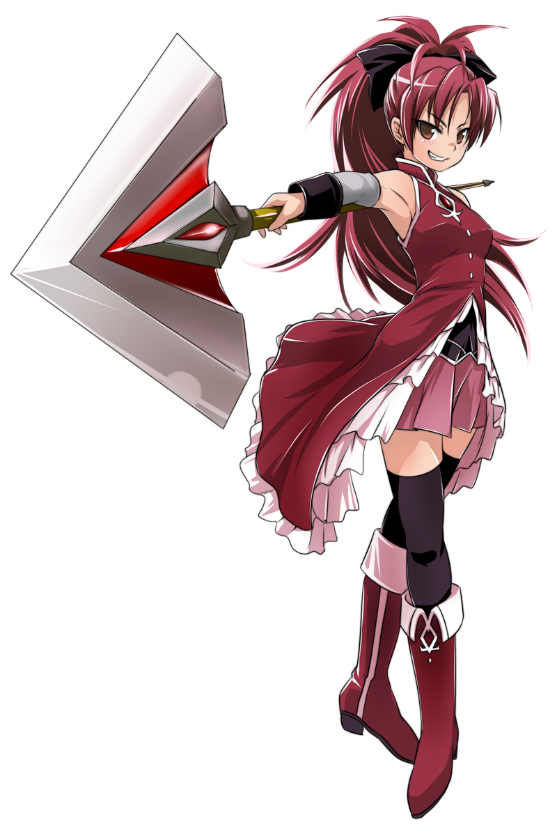armpits bare_shoulders boots brown_eyes detached_sleeves foreshortening grin highres k2isu knee_boots magical_girl mahou_shoujo_madoka_magica outstretched_arm polearm ponytail red_hair redhead sakura_kyouko simple_background smile solo spear standing thigh-highs thighhighs weapon zettai_ryouiki
