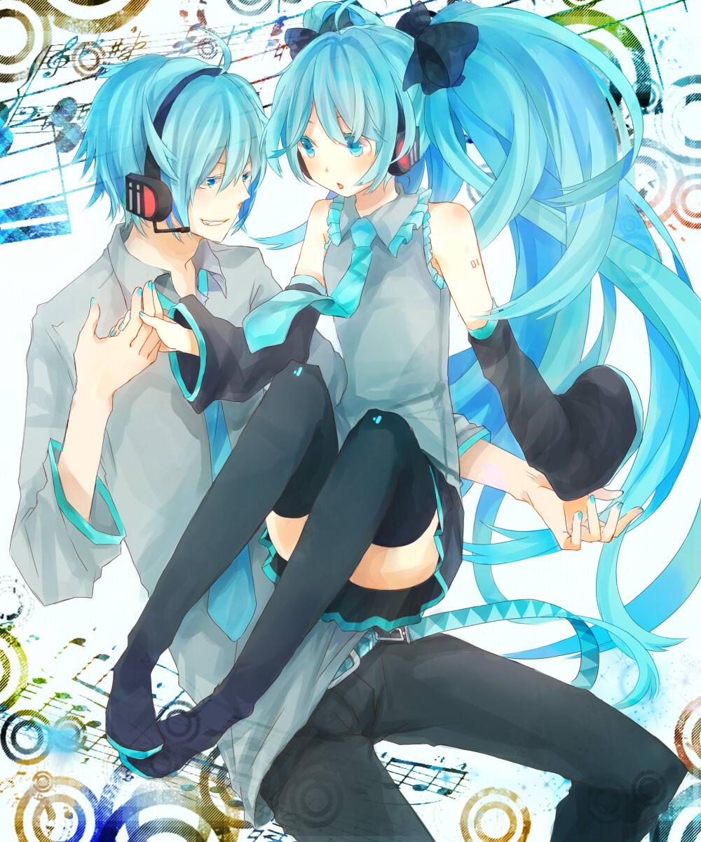 aqua_hair detached_sleeves genderswap hatsune_miku hatsune_mikuo headphones headset highres hiyoyogi long_hair skirt smile teen thigh-highs thighhighs twintails very_long_hair vocaloid zettai_ryouiki