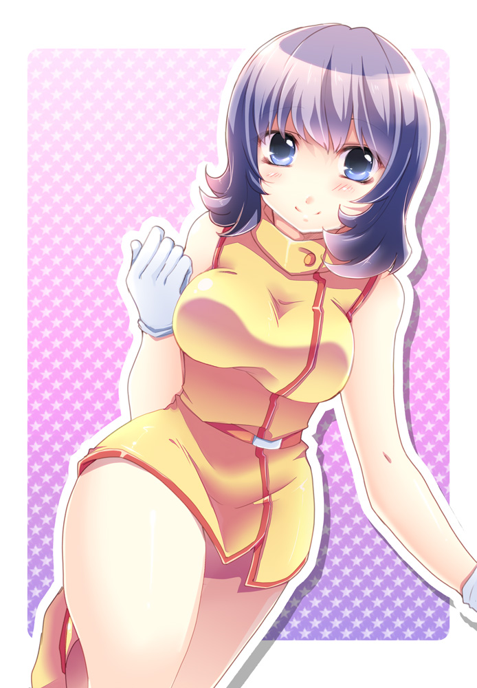 blush breasts fa_yuiry gloves gundam purple_hair shinolion short_hair smile solo zeta_gundam