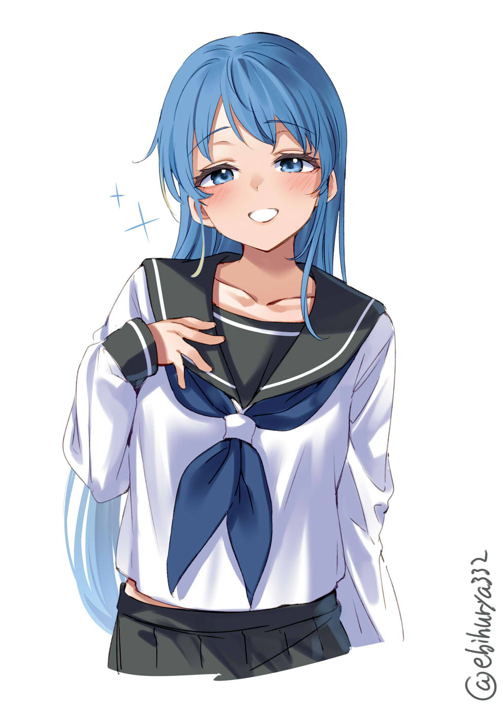 1girl alternate_costume black_sailor_collar black_skirt blue_hair blue_neckerchief blush breasts collarbone cowboy_shot cropped_legs ebifurya eyebrows_visible_through_hair gradient_hair hair_between_eyes hand_on_own_chest highres kantai_collection long_hair long_sleeves looking_at_viewer multicolored_hair neckerchief one-hour_drawing_challenge sailor_collar samidare_(kancolle) school_uniform serafuku shirt simple_background skirt small_breasts smile solo sparkle twitter_username white_background white_shirt