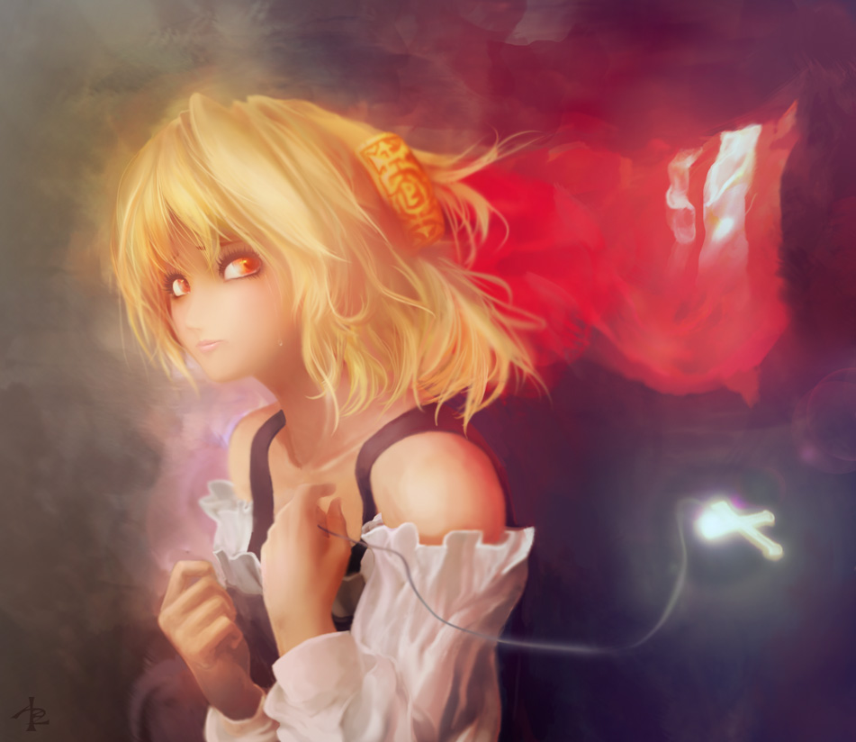 alternate_costume azzie azzie_(az_man_studios) bad_id bare_shoulders blonde_hair bust collarbone cross eyelashes face hair_ribbon hands lips realistic red_eyes ribbon rumia short_hair solo tears the_embodiment_of_scarlet_devil touhou youkai