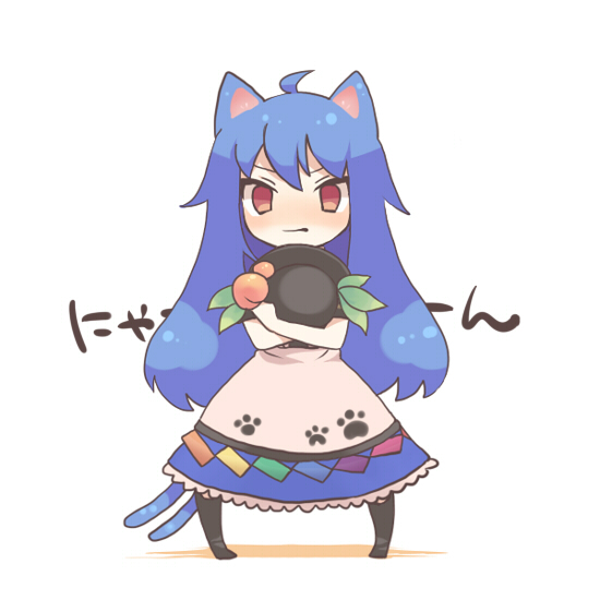 ahoge animal_ears bad_id blue_hair blush cat_ears cat_tail chibi food fruit hat hat_on_chest hat_removed headwear_removed hinanawi_tenshi holding holding_hat kemonomimi_mode konbu_ame long_hair looking_at_viewer multiple_tails nyan object_hug peach purple_hair red_eyes simple_background solo standing tail touhou twintails