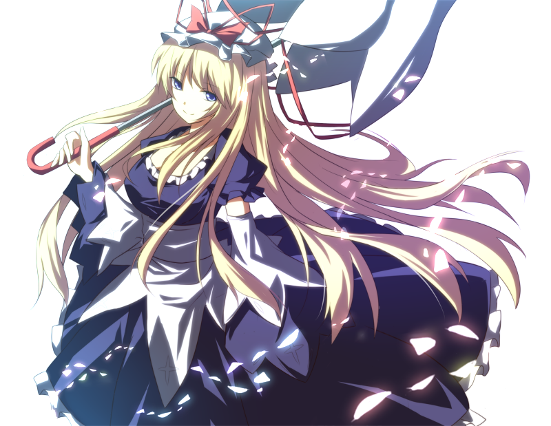 bad_id blonde_hair bow curiosities_of_lotus_asia dress hat itoo long_hair petals purple_eyes ribbon simple_background smile solo touhou umbrella violet_eyes yakumo_yukari