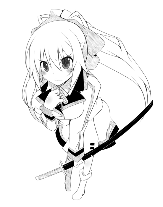 boots infinite_stratos monochrome plus9 ponytail shinonono_houki solo sword weapon