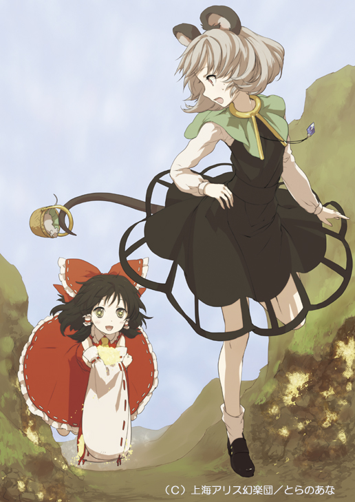 animal_ears ascot basket black_hair bow brown_hair capelet detached_sleeves dress egawa_satsuki flying green_hair grey_hair hair_bow hair_ornament hair_ribbon hair_tubes hakurei_reimu jewelry looking_back mouse mouse_ears mouse_tail multiple_girls nazrin open_mouth pendant short_hair smile star star-shaped_pupils symbol-shaped_pupils symbol_shaped_pupils tail touhou yellow_eyes