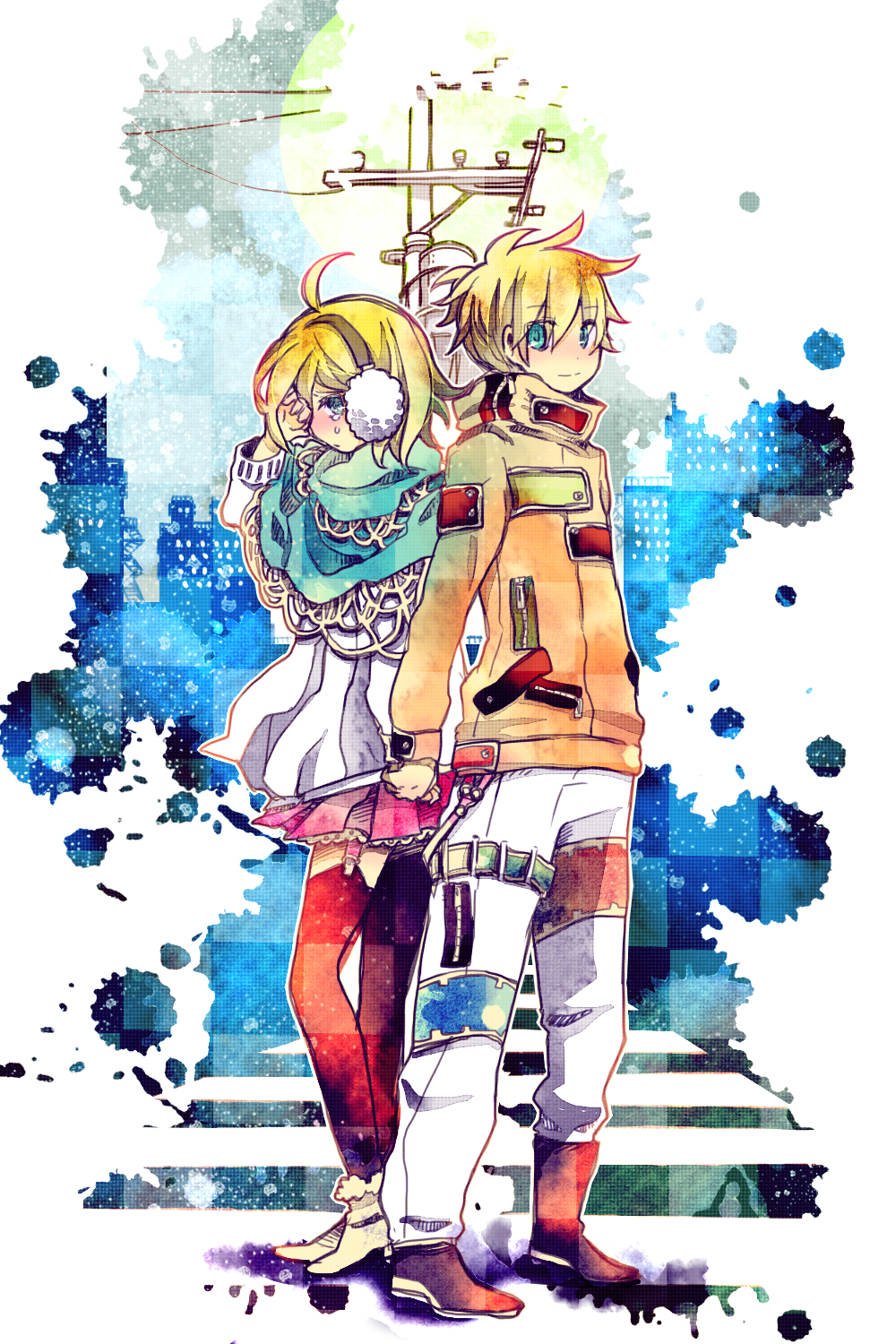7-24 aqua_eyes black_legwear black_thighhighs blonde_hair blush boots brother_and_sister city earmuffs hand_holding highres holding_hands jacket kagamine_len kagamine_rin moon poncho short_hair siblings skirt smile sweater tears thigh-highs thighhighs twins vocaloid