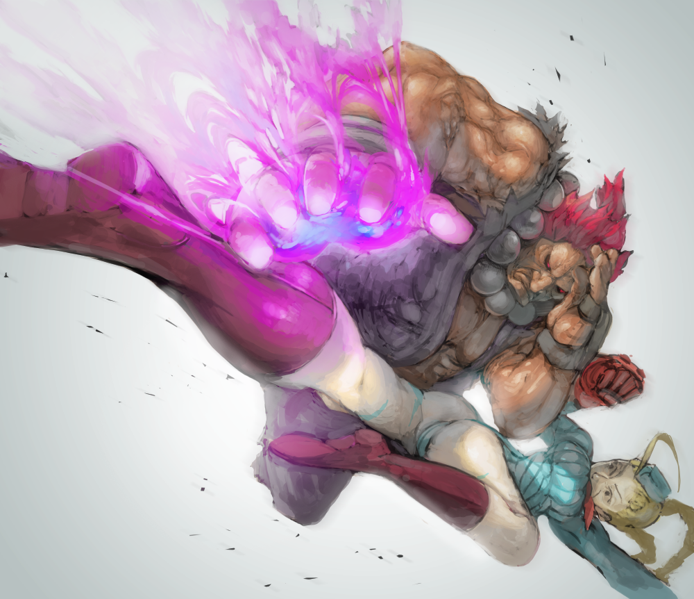 battle blonde_hair boots cammy_white foreshortening glow glowing glowing_hand gouki hat red_hair redhead simple_background street_fighter street_fighter_zero totoya_yuu twintails