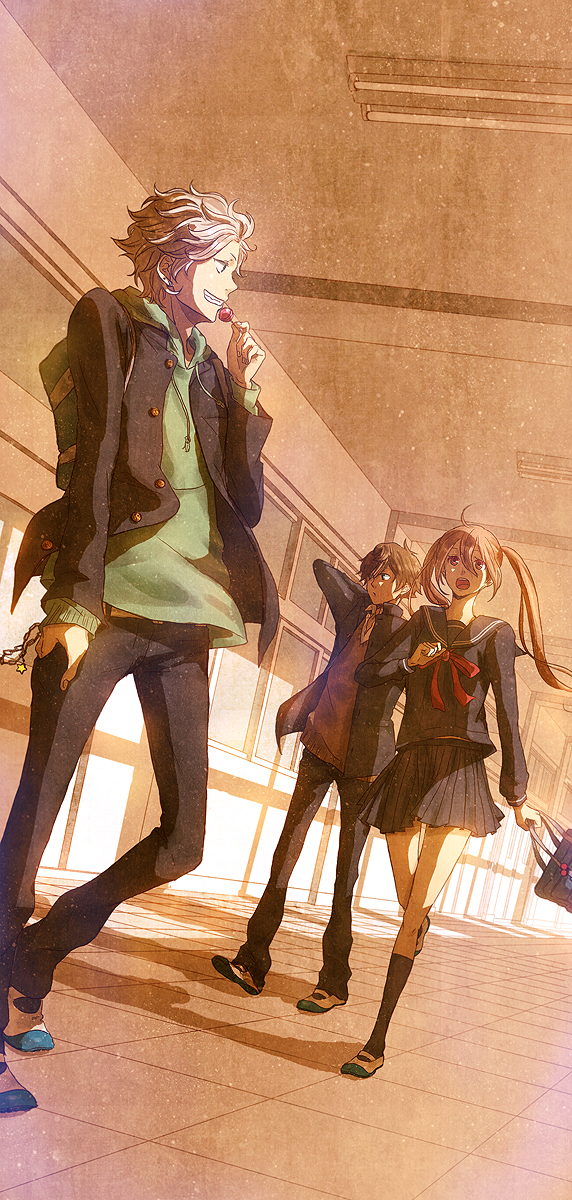 brown_hair dutch_angle hakase123 highres kneehighs nanami_kanata open_mouth school school_bag school_uniform serafuku starry_sky_(game) tohzuki_suzuya touzuki_suzuya twintails walking yahisa_tsukiko