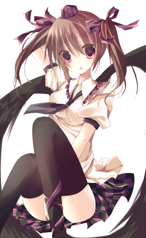 bad_id between_legs black_legwear black_thighhighs black_wings brown_hair hand_behind_head hand_between_legs hatate himekaidou_hatate kisaragi_kiriha purple_eyes solo thigh-highs thighhighs touhou twintails violet_eyes wings