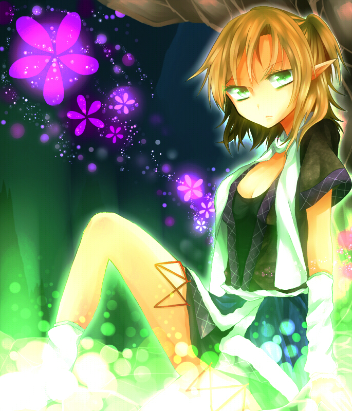 arm_warmers bad_id blonde_hair breasts cleavage flower glowing green_eyes ichioto legs mizuhashi_parsee pointy_ears sitting solo touhou