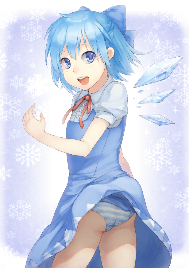 ass blue_dress blue_eyes blue_hair cirno dress dress_lift hands open_mouth panties pantyshot smile snowflakes solo striped striped_panties sugimeno touhou underwear wind_lift wings