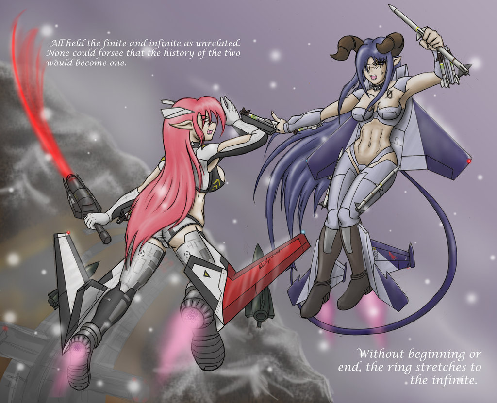 2girls ace_combat ace_combat_zero adfx-02_morgan airplane bare_arms blue_hair breasts demon demon_tail energy_sword f-15 fairy fangs fighting gloves horns long_hair mecha_musume navel pink_hair pointy_ears scar signature skunk_works_(artist) snow sword tail tattoo text thigh-highs weapon white_eyes yellow_eyes