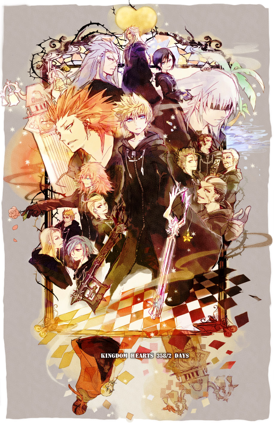 axel bad_id bandages blindfold card clock clock_tower demyx diz elaborate_frame everyone eyepatch falling_card flower frame heartless highres keyblade kingdom_hearts kingdom_hearts_358/2_days koku_666 larxene lexaeus luxord marluxia multiple_girls namine organization_xiii riku robe rose roxas sa&iuml;x saix seashell shell tattoo tower tree uniform vexen xaldin xemnas xigbar xion_(kingdom_hearts) zexion