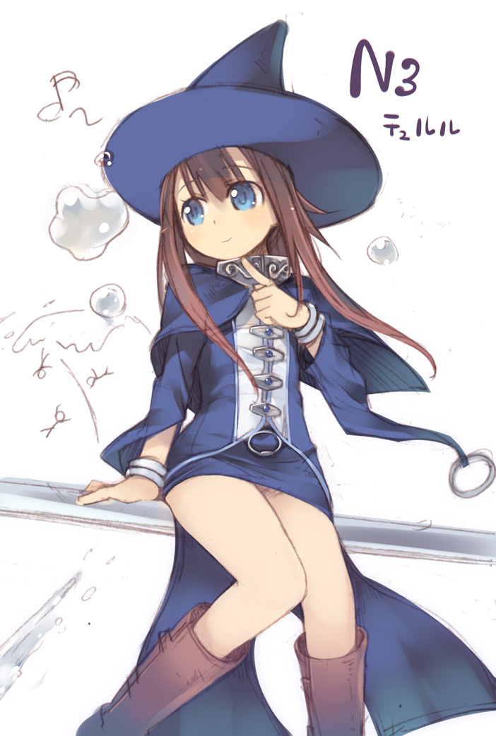 boots bracelet brown_hair flat_chest hat jewelry kashiwamochi_yomogi long_hair miniskirt ninety-nine-nights ninety-nine_nights no_panties pointing sitting skirt smile stick_figure tyurru upskirt witch_hat