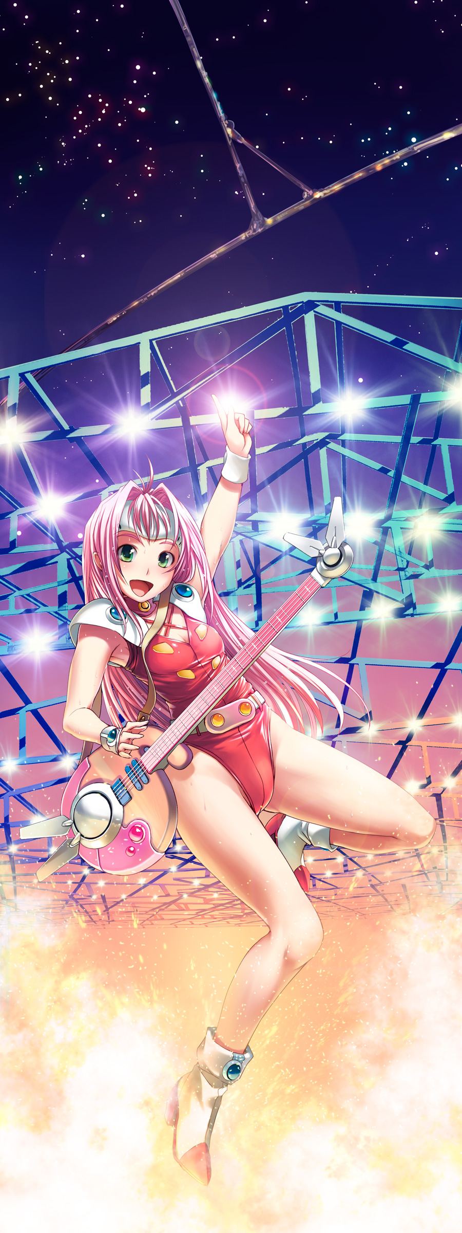 absurdres bass_guitar bosshi fire green_eyes guitar headgear highres instrument legs leotard long_hair macross macross_7 mylene_flare_jenius mylene_jenius pink_hair sweat