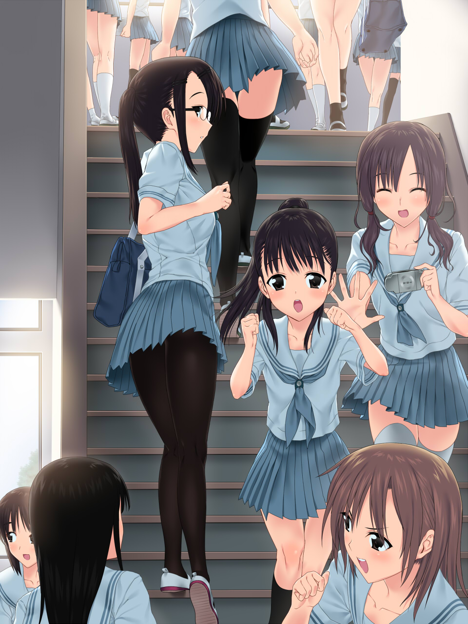 black_hair black_legwear brown_hair closed_eyes glasses highres kneehighs legs long_hair open_mouth original pantyhose playstation_portable ponytail psp school school_uniform shoes short_hair skirt socks stairs suzume_inui thighhighs twintails uwabaki white_legwear zettai_ryouiki