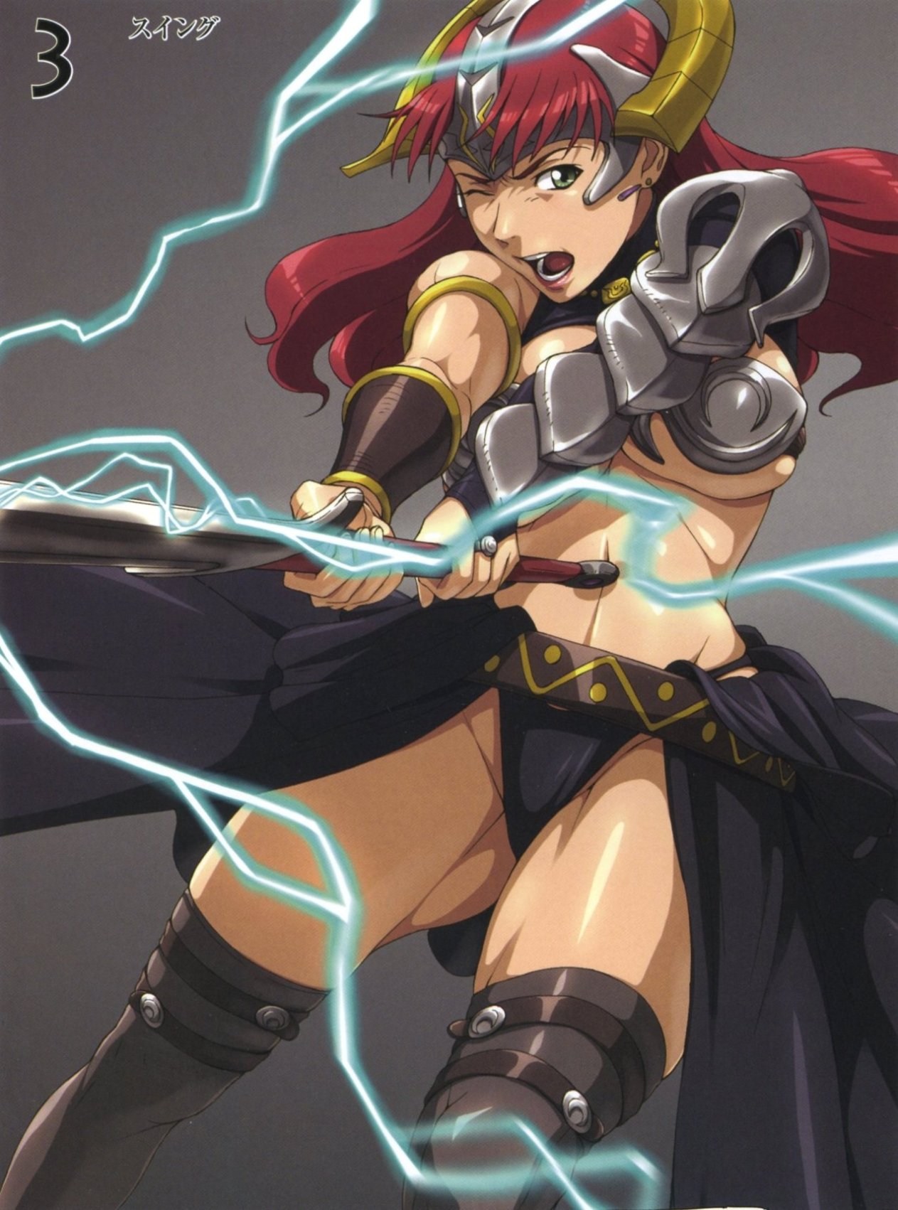 breasts claudette clawdette cleavage helmet highres large_breasts nigou open_mouth queen's_blade queen's_blade red_hair sword thigh-highs thighhighs weapon wince