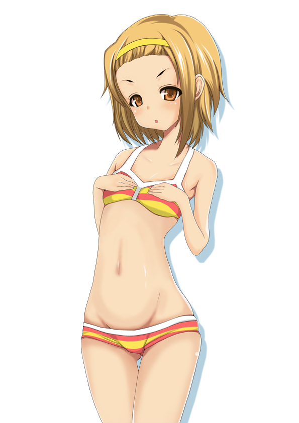 brown_eyes brown_hair flat_chest hairband k-on! lowleg lowleg_bikini mound_of_venus navel saburouta short_hair simple_background solo striped striped_bikini striped_swimsuit swimsuit tainaka_ritsu tomboy