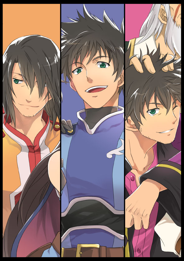 ayumiso beard black_hair damuron_atomaisu don_whitehorse facial_hair green_eyes male multiple_boys multiple_persona open_mouth raven raven_(tov) schwann_oltorain spoilers stubble tales_of_(series) tales_of_vesperia white_hair wink