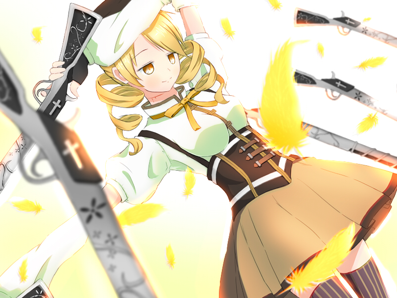 amasak arm_up beret blonde_hair blurry brown_legwear corset cuts depth_of_field detached_sleeves drill_hair dutch_angle feathers fingerless_gloves gloves gun hair_ornament hairpin hat injury looking_down magical_girl magical_musket mahou_shoujo_madoka_magica outstretched_arm pleated_skirt puffy_sleeves ribbon rifle skirt smile solo taut_shirt thigh-highs thighhighs tomoe_mami twin_drills vertical-striped_legwear vertical_stripes weapon yellow_eyes zettai_ryouiki