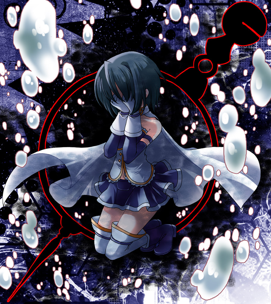 bare_shoulders blue_hair bubble cape covering covering_face gloves grief_seed kneeling magical_girl mahou_shoujo_madoka_magica miki_sayaka seidou_(tukinomiyako) short_hair solo spoilers thigh-highs thighhighs white_gloves white_legwear white_thighhighs