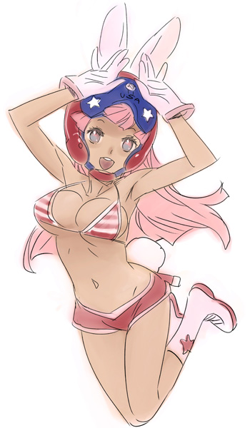 \o/ america animal_ears armpits arms_up bikini_top boots breasts bunny_ears bunny_tail copyright_request dark_skin gloves grey_eyes helmet long_hair navel nishieda open_mouth outstretched_arms pink_hair short_shorts shorts silver_eyes simple_background smile solo striped tail