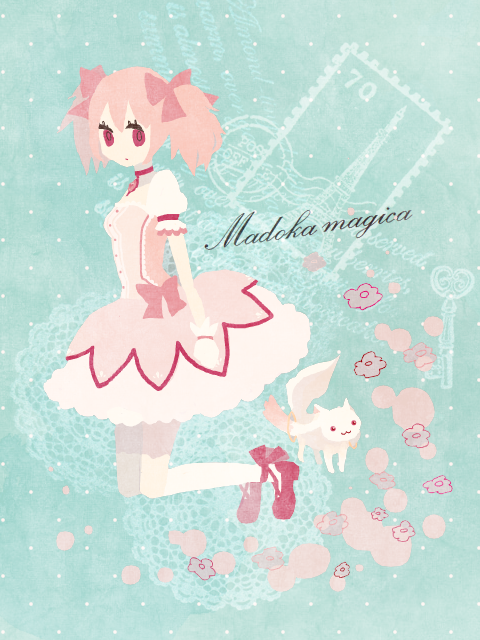 choker gloves kaname_madoka kyubey kyuubee magical_girl mahou_shoujo_madoka_magica natu_(artist) pink_eyes pink_hair twintails