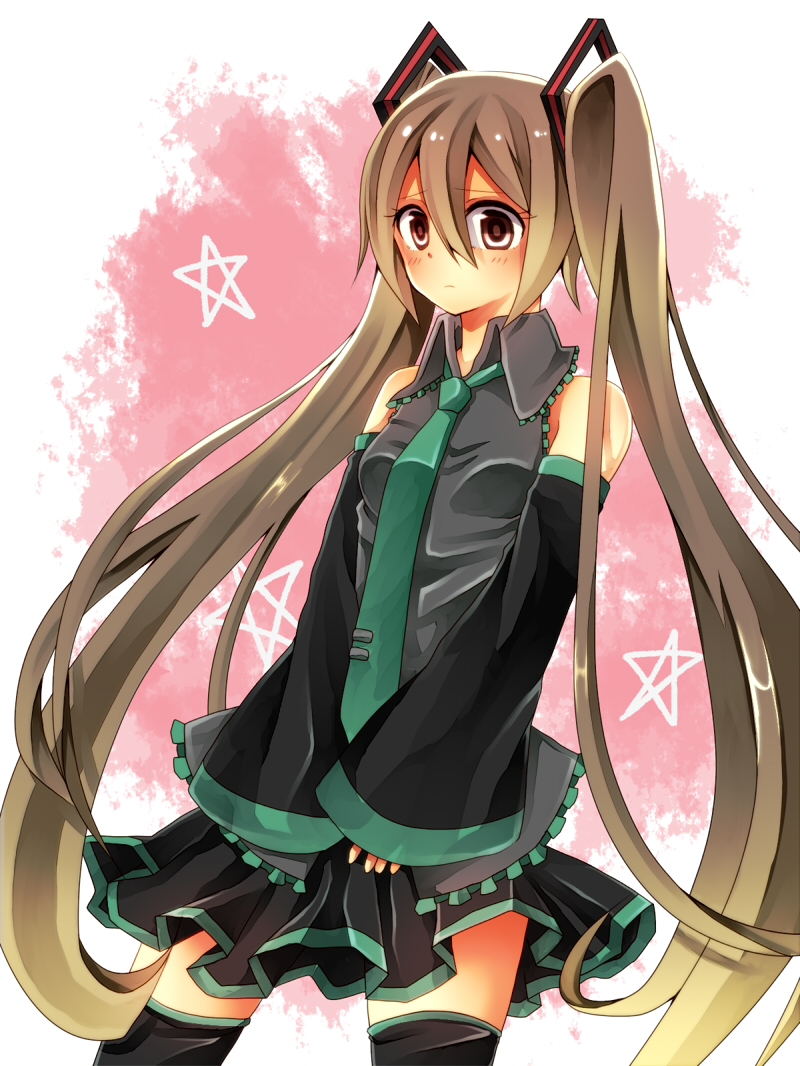 brown_eyes brown_hair cosplay detached_sleeves hair_ribbon hatsune_miku hatsune_miku_(cosplay) long_hair momokumahorse necktie ribbon skirt sleeves_past_wrists solo starry_sky_(game) thigh-highs thighhighs twintails vocaloid yahisa_tsukiko zettai_ryouiki