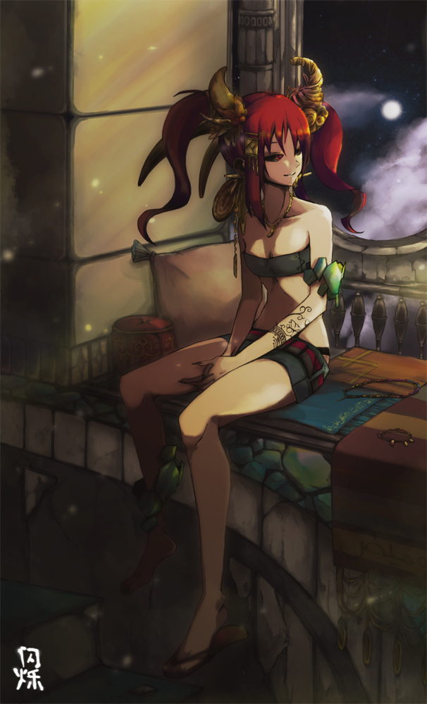 clouds female fingernails hero_(pixiv) horns indoors jewelry long_fingernails long_hair moon necklace night original pillow red_eyes red_hair sandals shorts single_shoe sitting smile solo stairs star stars tattoo tattoos tubetop twintails