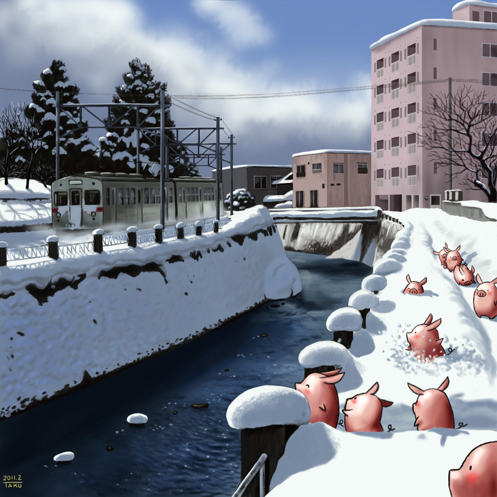bride city matataku no_humans original path pig power_lines river snow train tree water winter