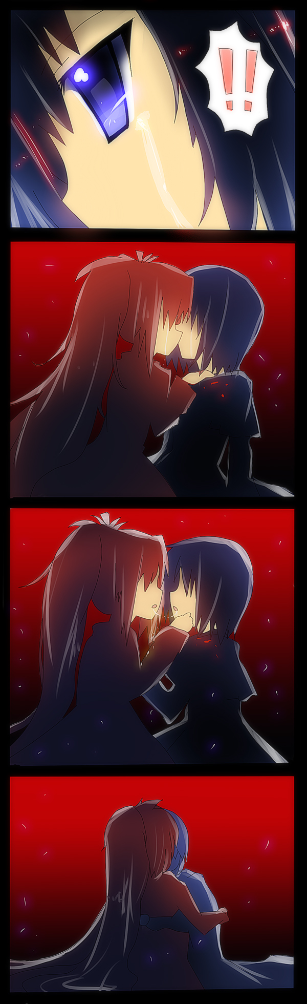 highres kiss long_hair mahou_shoujo_madoka_magica miki_sayaka multiple_girls ponytail sakura_kyouko saliva saliva_trail senya_fuurin short_hair tears yuri