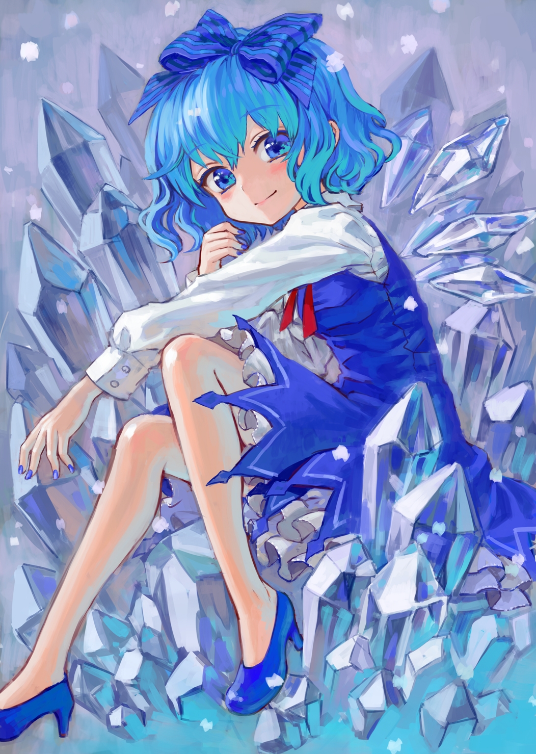 acrylic_paint_(medium) adapted_costume ama-tou blue_eyes blue_hair bow cirno dress hair_bow high_heels highres legs light_smile looking_at_viewer nail_polish shoes short_hair sitting smile solo touhou traditional_media wings