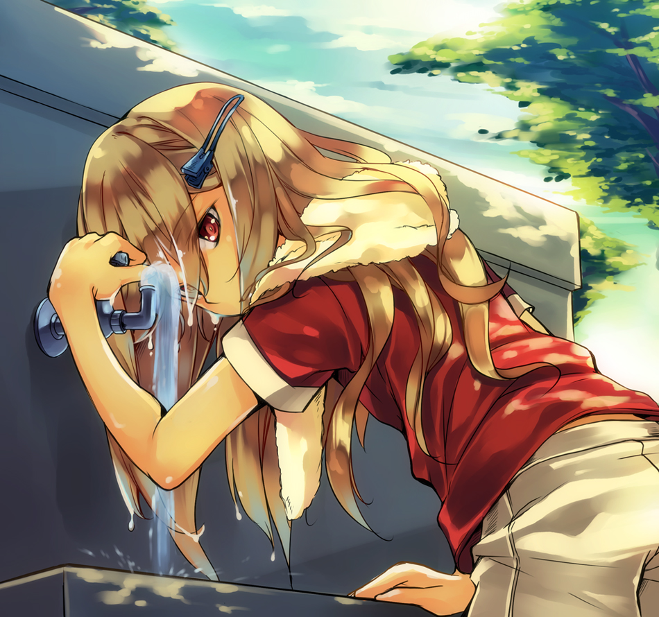 afuro_terumi blonde_hair chiko_(mizuho) drinking_fountain faucet fire_dragon_(inazuma_eleven) inazuma_eleven inazuma_eleven_(series) lean_over leaning_forward long_hair looking_at_viewer looking_back male mizuho1020 red_eyes sink soccer_uniform solo towel trap very_long_hair water