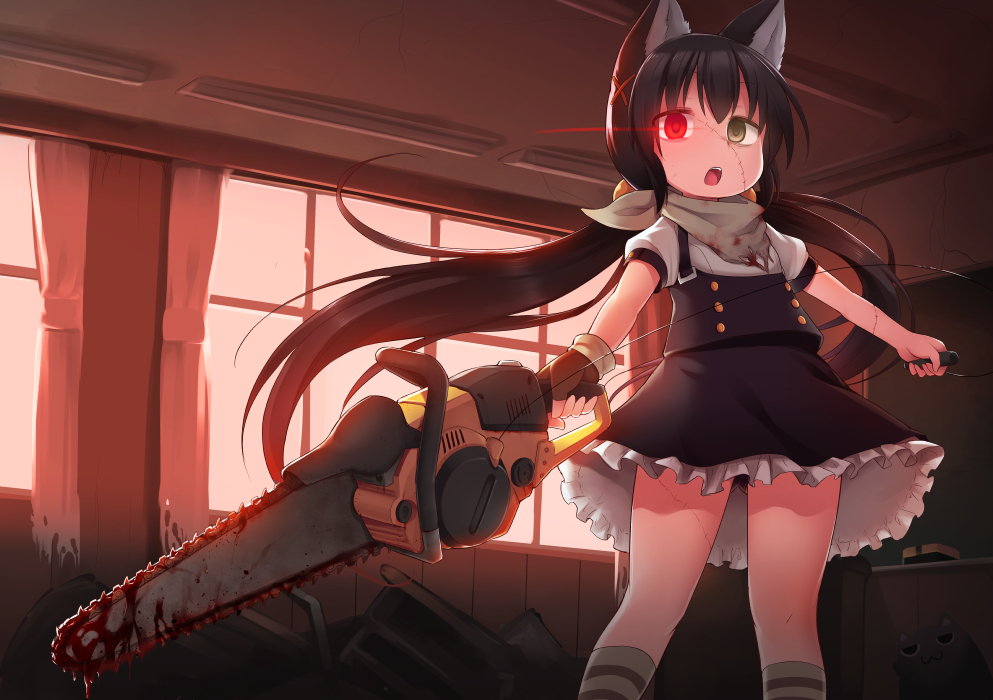 1girl animal_ears bangs black_dress black_hair blood blood_on_clothes blood_on_weapon chainsaw classroom dress frilled_dress frills green_eyes hair_ornament hairclip heterochromia holding holding_chainsaw long_hair neckerchief open_mouth original red_eyes short_dress socks solo striped striped_legwear twintails victor_(tama_e_akira) weapon white_dress zombie