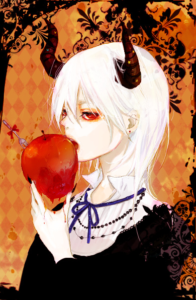albino blood bow copyright_request earrings food fork fruit holding holding_apple holding_fruit horns jewelry necklace open_mouth red_eyes sabir skull solo white_hair