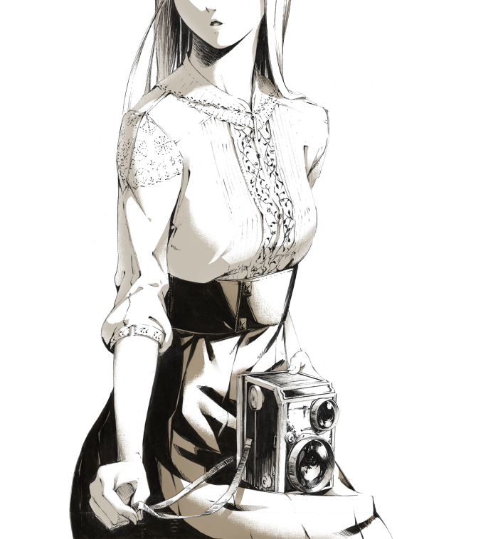 camera fashion floral_print hands head_out_of_frame long_hair monochrome open_mouth original sawasawa skirt solo twin-lens_reflex_camera